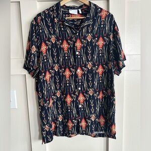 ASOS Men's Navy Patterned Button Down Short Sleeve Shirt